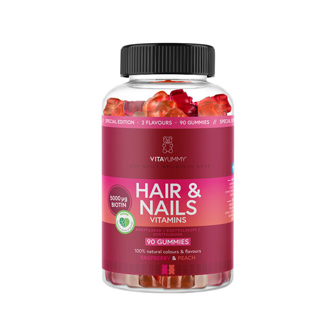 Hår & negle Vitaminer 90 Gummies Hindbær og Fersken
